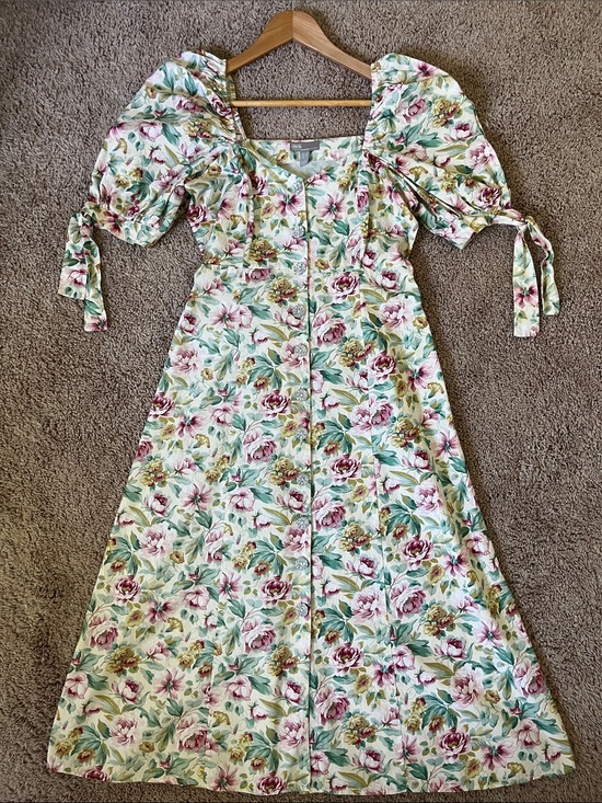 ASOS Dresses & Skirts - ASOS Puff Sleeve Floral Button-Front Midi Dress in Pink, Green & Cream